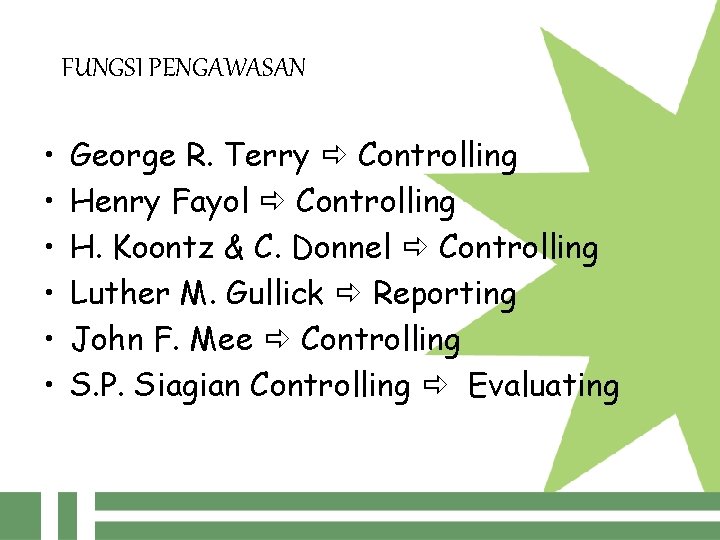 FUNGSI PENGAWASAN • • • George R. Terry Controlling Henry Fayol Controlling H. Koontz
