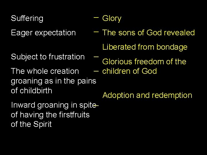 Suffering Eager expectation Subject to frustration _ _ _ Glory The sons of God