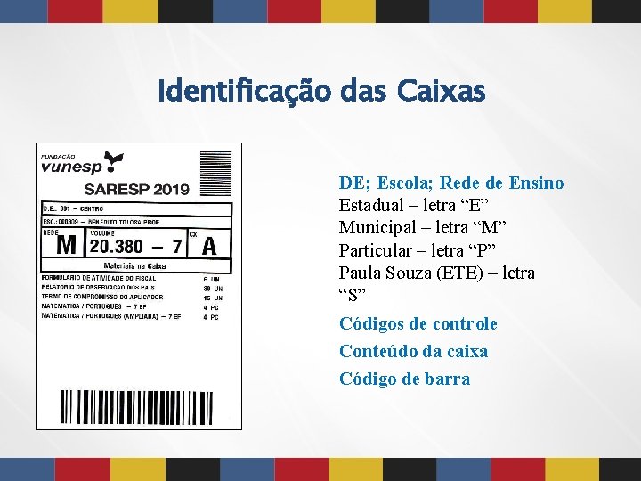 Identificação das Caixas DE; Escola; Rede de Ensino Estadual – letra “E” Municipal – Identificação das Caixas DE; Escola; Rede de Ensino Estadual – letra “E” Municipal –
