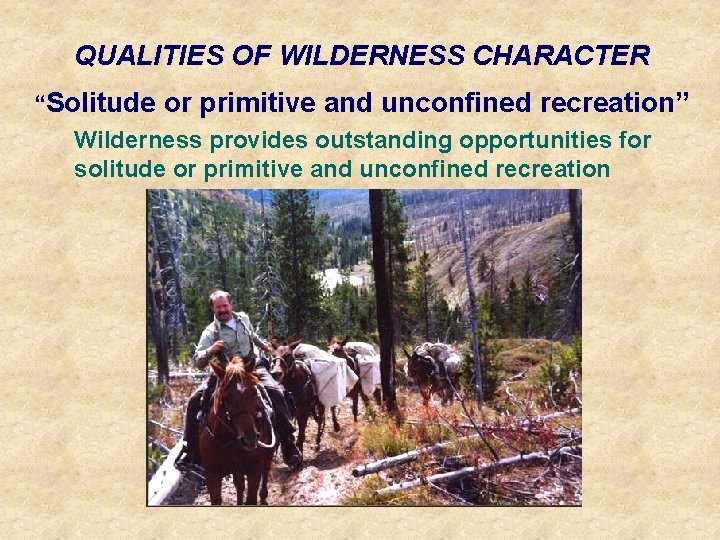 QUALITIES OF WILDERNESS CHARACTER “Solitude or primitive and unconfined recreation” Wilderness provides outstanding opportunities