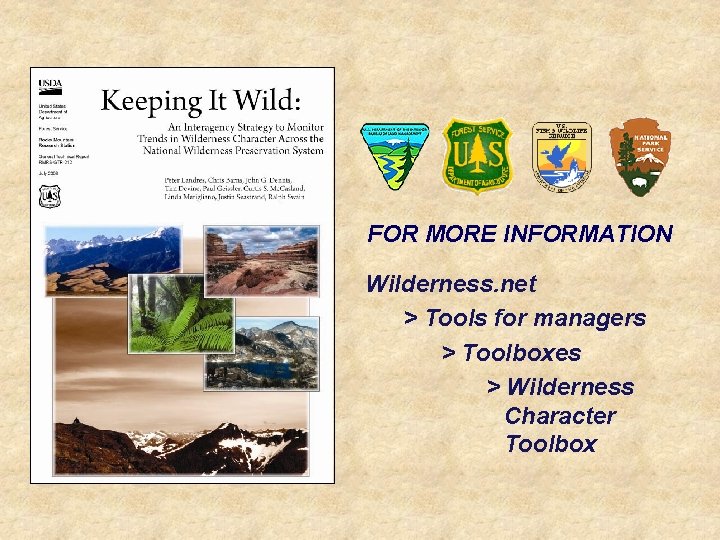 FOR MORE INFORMATION Wilderness. net > Tools for managers > Toolboxes > Wilderness Character