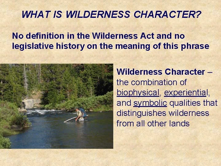 WHAT IS WILDERNESS CHARACTER? No definition in the Wilderness Act and no legislative history