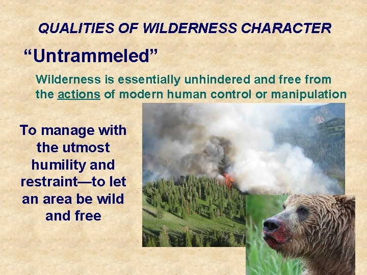 QUALITIES OF WILDERNESS CHARACTER “Untrammeled” Wilderness is essentially unhindered and free from the actions