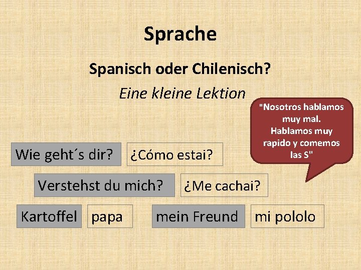 Sprache Spanisch oder Chilenisch? Eine kleine Lektion "Nosotros hablamos Wie geht´s dir? ¿Cómo estai?