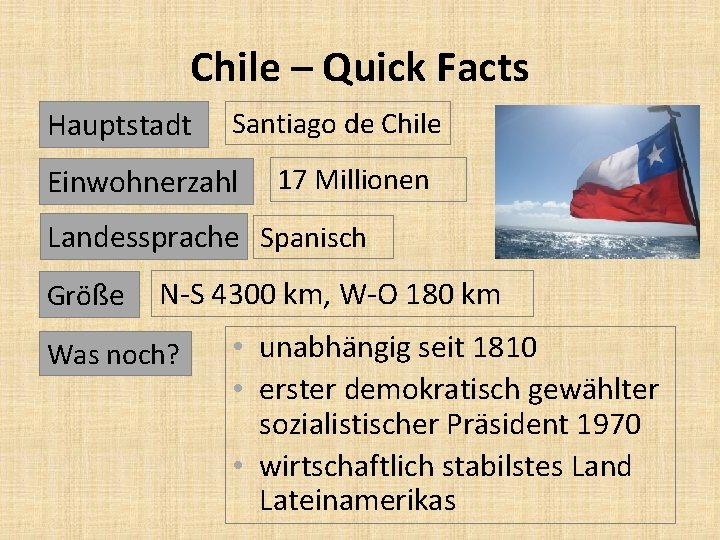 Chile – Quick Facts Hauptstadt Santiago de Chile Einwohnerzahl 17 Millionen Landessprache Spanisch Größe