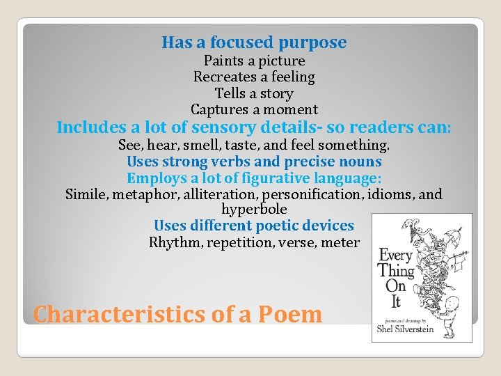 Has a focused purpose Paints a picture Recreates a feeling Tells a story Captures