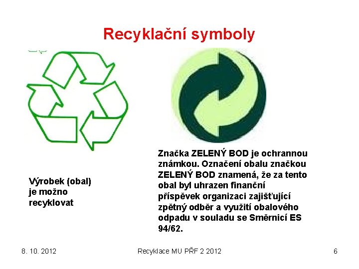 Recyklační symboly Výrobek (obal) je možno recyklovat 8. 10. 2012 Značka ZELENÝ BOD je