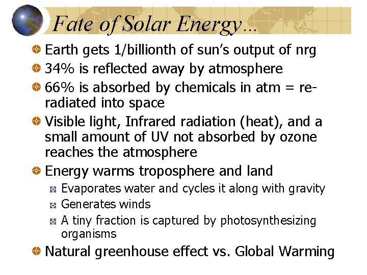 Fate of Solar Energy… Earth gets 1/billionth of sun’s output of nrg 34% is