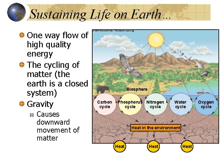 Sustaining Life on Earth… One way flow of high quality energy The cycling of
