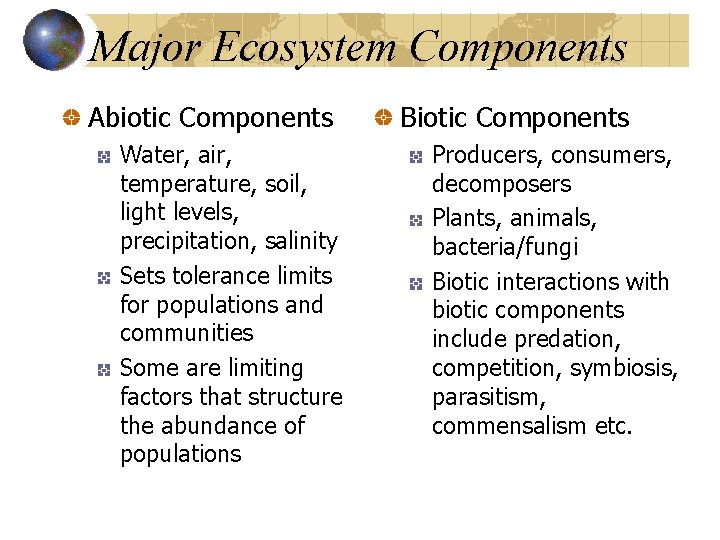 Major Ecosystem Components Abiotic Components Water, air, temperature, soil, light levels, precipitation, salinity Sets
