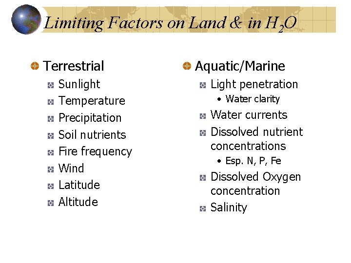 Limiting Factors on Land & in H 2 O Terrestrial Sunlight Temperature Precipitation Soil