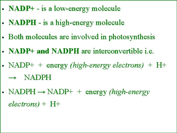 § NADP+ - is a low-energy molecule § NADPH - is a high-energy molecule