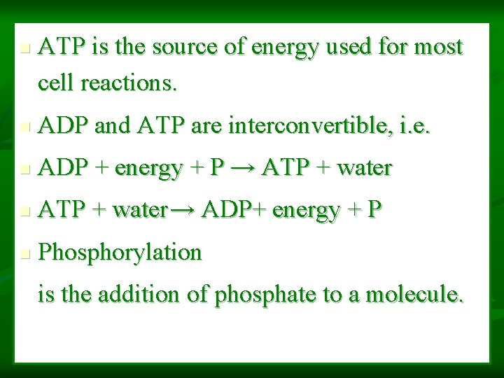 n ATP is the source of energy used for most cell reactions. n ADP