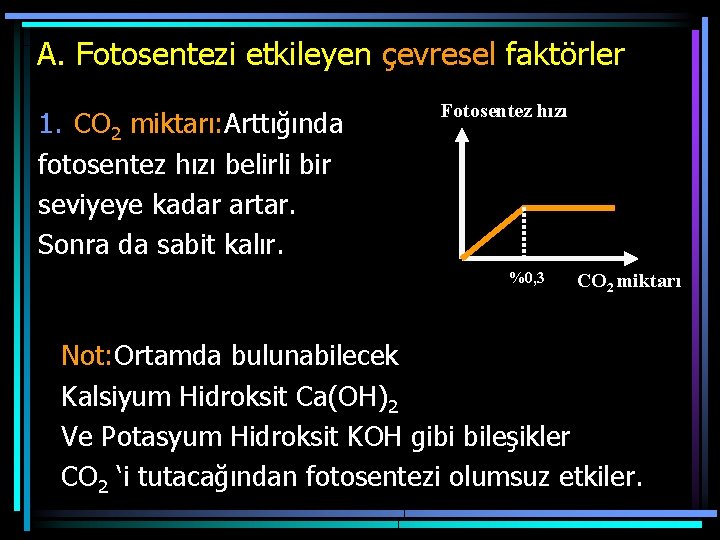 A. Fotosentezi etkileyen çevresel faktörler 1. CO 2 miktarı: Arttığında fotosentez hızı belirli bir A. Fotosentezi etkileyen çevresel faktörler 1. CO 2 miktarı: Arttığında fotosentez hızı belirli bir