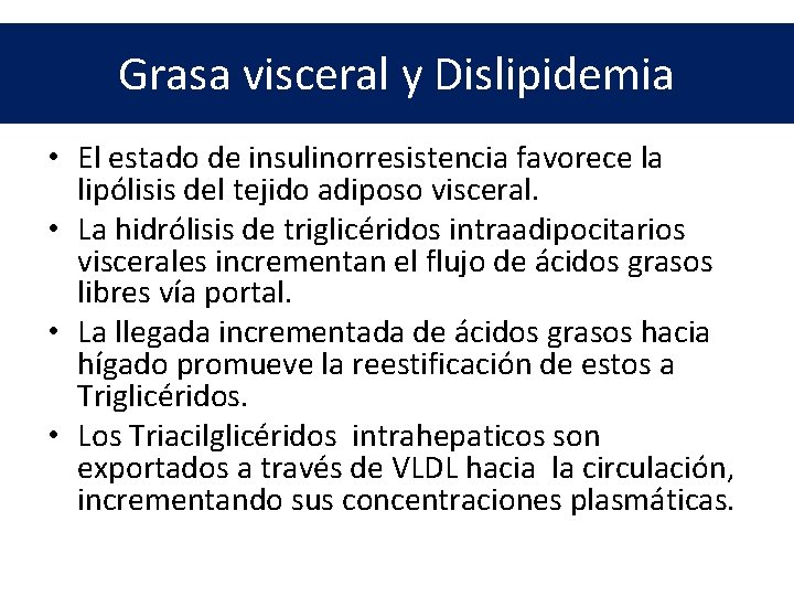 Grasa visceral y Dislipidemia • El estado de insulinorresistencia favorece la lipólisis del tejido