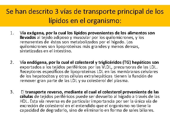 Se han descrito 3 vías de transporte principal de los lípidos en el organismo: