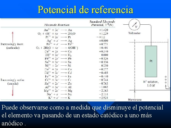 Potencial de referencia Puede observarse como a medida que disminuye el potencial el elemento