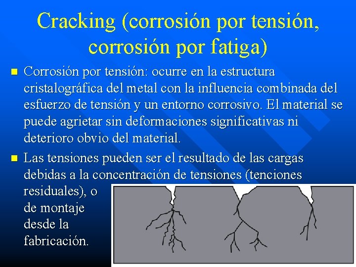Cracking (corrosión por tensión, corrosión por fatiga) n n Corrosión por tensión: ocurre en