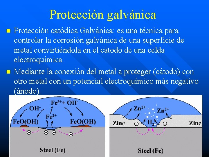 Protección galvánica n n Protección catódica Galvánica: es una técnica para controlar la corrosión