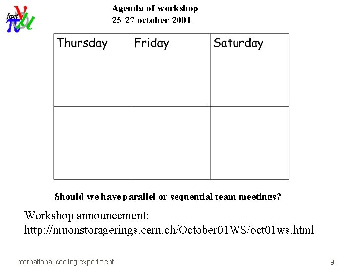 Agenda of workshop 25 -27 october 2001 Should we have parallel or sequential team Agenda of workshop 25 -27 october 2001 Should we have parallel or sequential team
