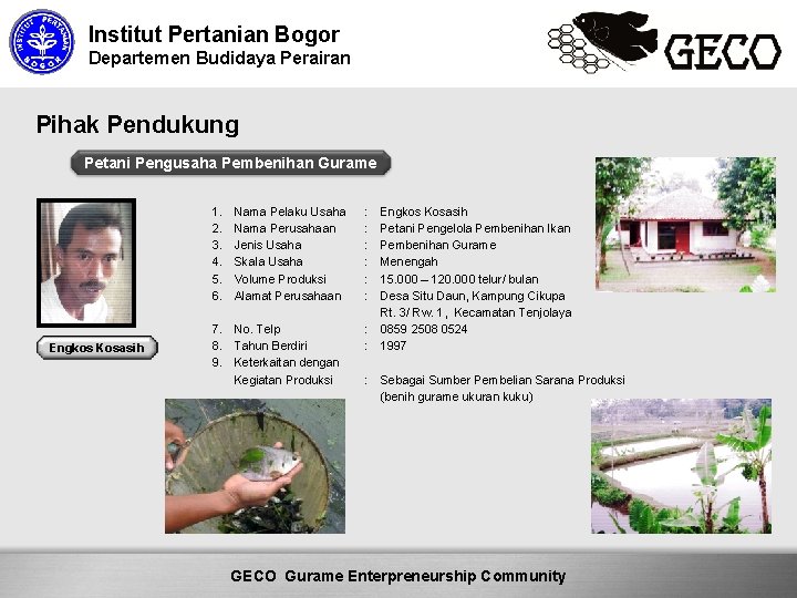 Institut Pertanian Bogor Departemen Budidaya Perairan Pihak Pendukung Petani Pengusaha Pembenihan Gurame 1. 2.