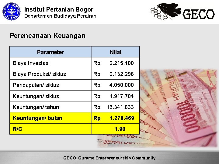 Institut Pertanian Bogor Departemen Budidaya Perairan Perencanaan Keuangan Parameter Nilai Biaya Investasi Rp 2.