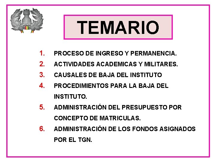 TEMARIO 1. PROCESO DE INGRESO Y PERMANENCIA. 2. ACTIVIDADES ACADEMICAS Y MILITARES. 3. CAUSALES