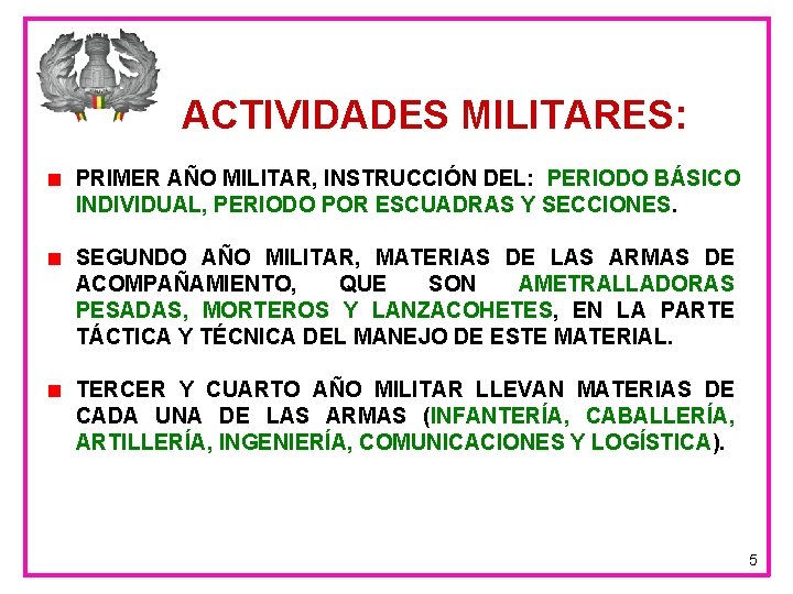 ACTIVIDADES MILITARES: PRIMER AÑO MILITAR, INSTRUCCIÓN DEL: PERIODO BÁSICO INDIVIDUAL, PERIODO POR ESCUADRAS Y