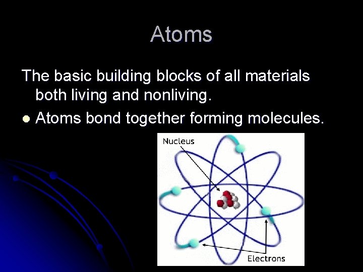 Atoms The basic building blocks of all materials both living and nonliving. l Atoms