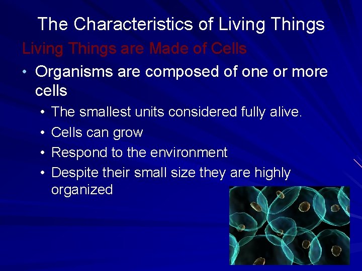 The Characteristics of Living Things are Made of Cells • Organisms are composed of