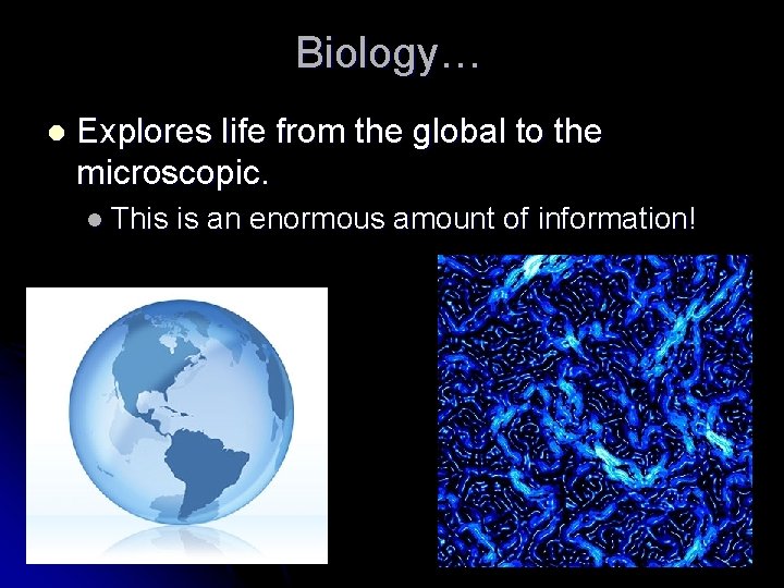 Biology… l Explores life from the global to the microscopic. l This is an