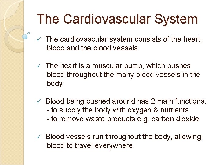 The Cardiovascular System ü The cardiovascular system consists of the heart, blood and the