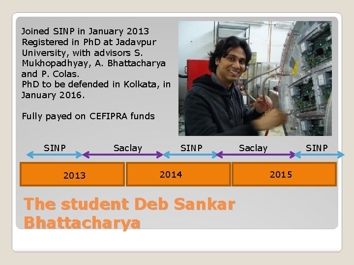 Joined SINP in January 2013 Registered in Ph. D at Jadavpur University, with advisors