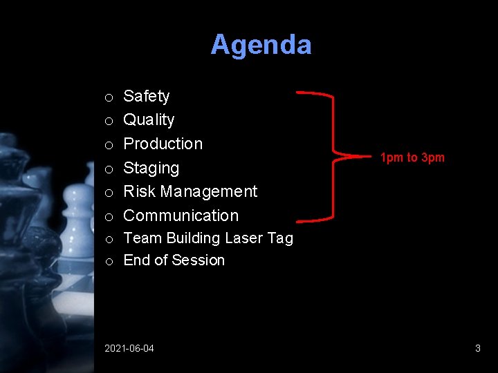 Agenda o o o Safety Quality Production Staging Risk Management Communication 1 pm to Agenda o o o Safety Quality Production Staging Risk Management Communication 1 pm to