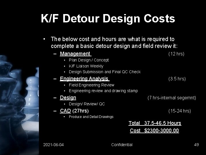 K/F Detour Design Costs • The below cost and hours are what is required K/F Detour Design Costs • The below cost and hours are what is required