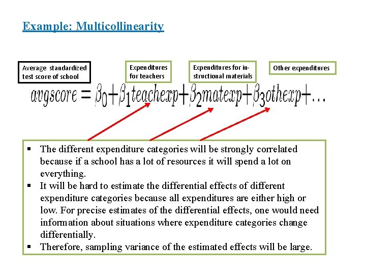 Example: Multicollinearity Average standardized test score of school Expenditures for teachers Expenditures for instructional