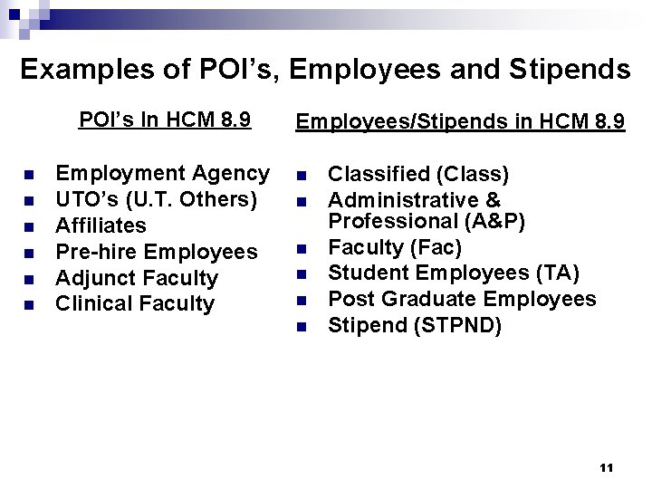 Examples of POI’s, Employees and Stipends POI’s In HCM 8. 9 n n n