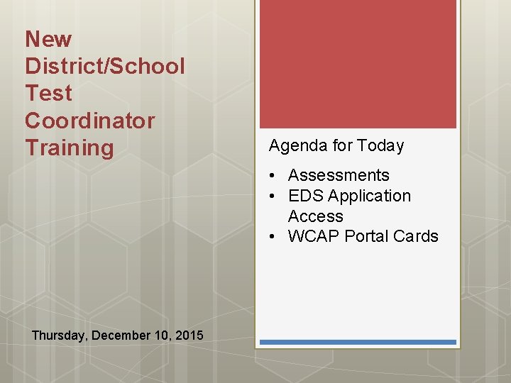 New District/School Test Coordinator Training Agenda for Today • Assessments • EDS Application Access
