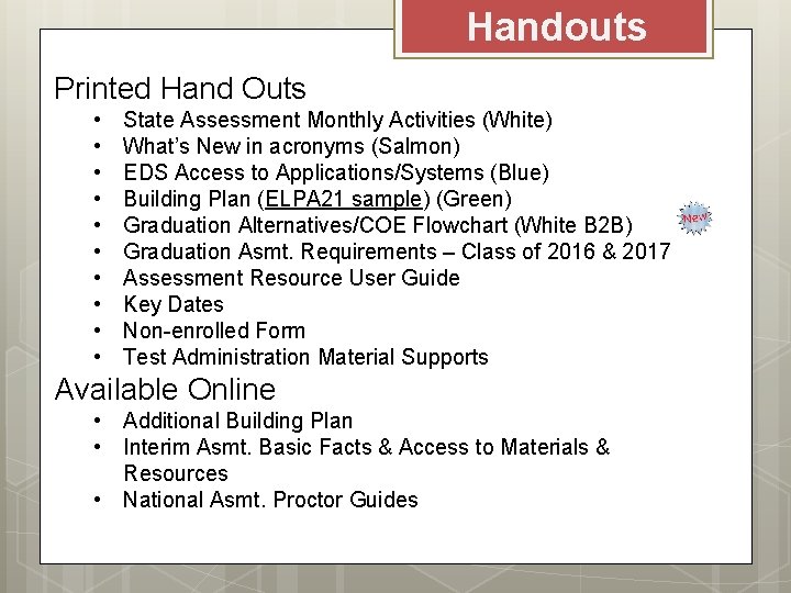 Handouts Printed Hand Outs • • • State Assessment Monthly Activities (White) What’s New