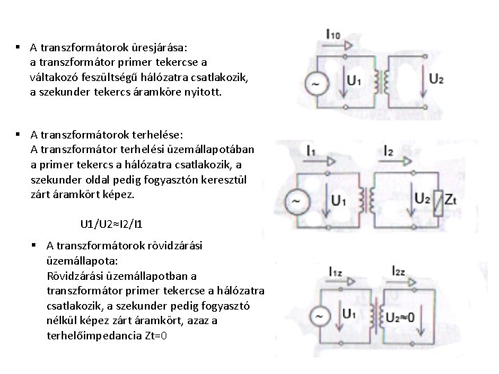 § A transzformátorok üresjárása: a transzformátor primer tekercse a váltakozó feszültségű hálózatra csatlakozik, a