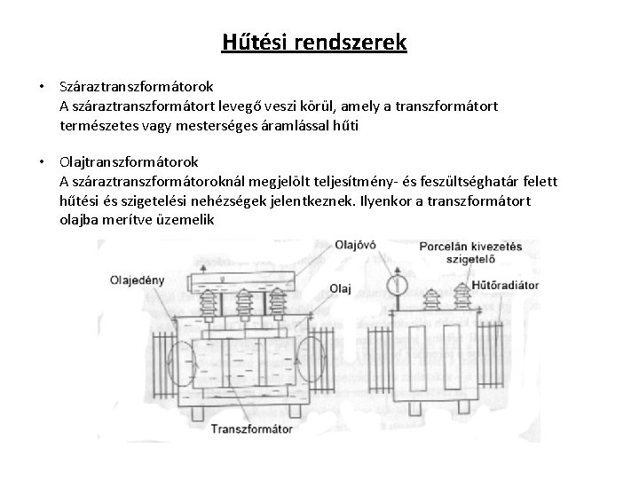 Hűtési rendszerek • Száraztranszformátorok A száraztranszformátort levegő veszi körül, amely a transzformátort természetes vagy
