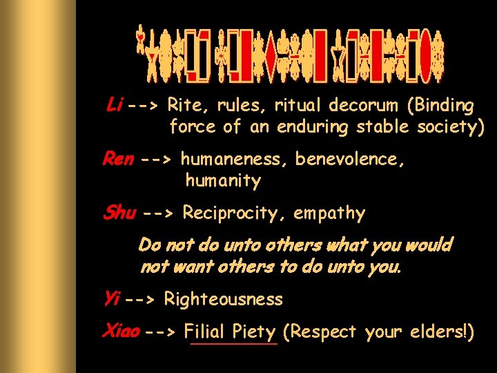 Li --> Rite, rules, ritual decorum (Binding force of an enduring stable society) Ren