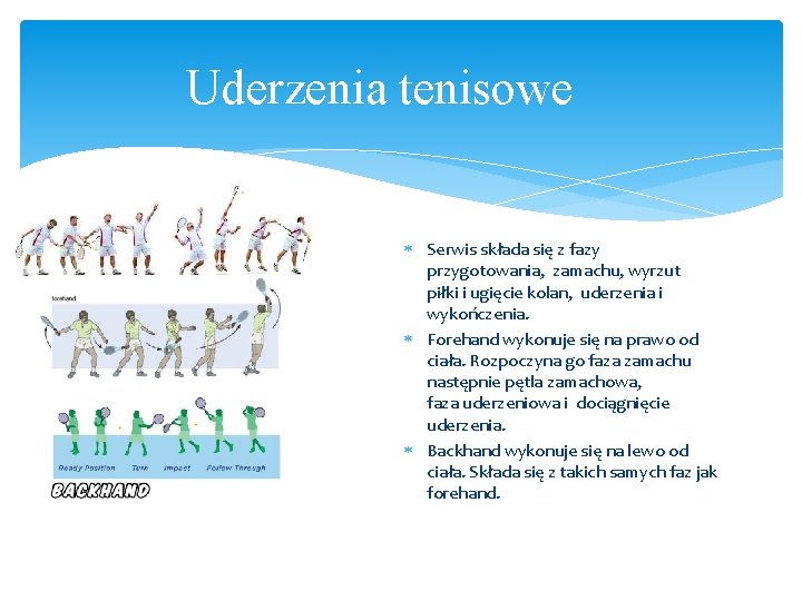 Uderzenia tenisowe Serwis składa się z fazy przygotowania, zamachu, wyrzut piłki i ugięcie kolan, Uderzenia tenisowe Serwis składa się z fazy przygotowania, zamachu, wyrzut piłki i ugięcie kolan,
