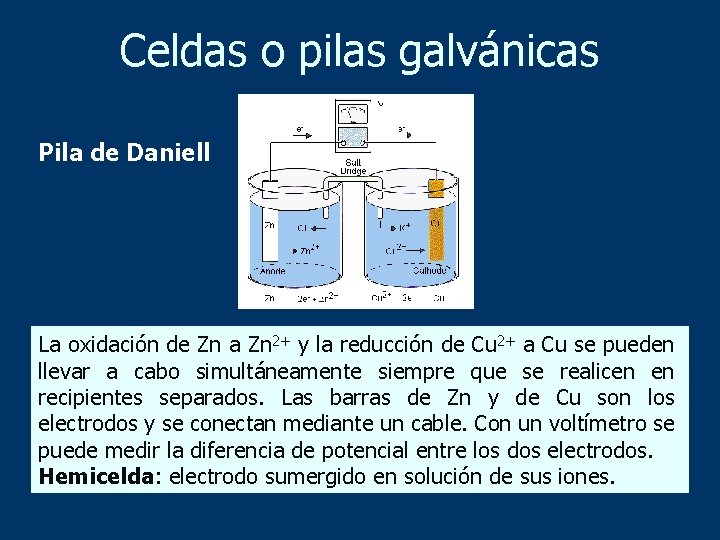 Celdas o pilas galvánicas Pila de Daniell La oxidación de Zn a Zn 2+