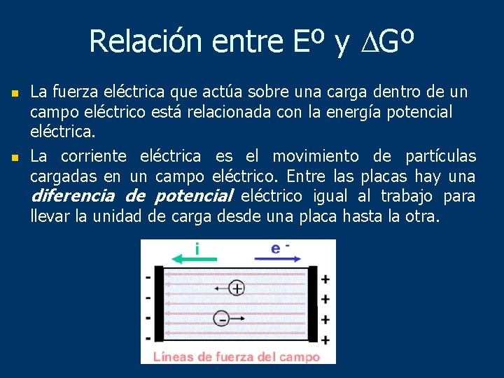 Relación entre Eº y Gº n n La fuerza eléctrica que actúa sobre una