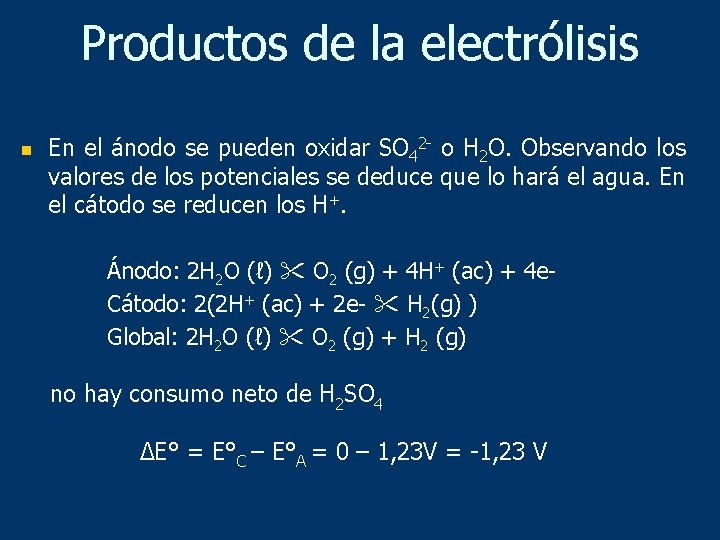 Productos de la electrólisis n En el ánodo se pueden oxidar SO 42 -