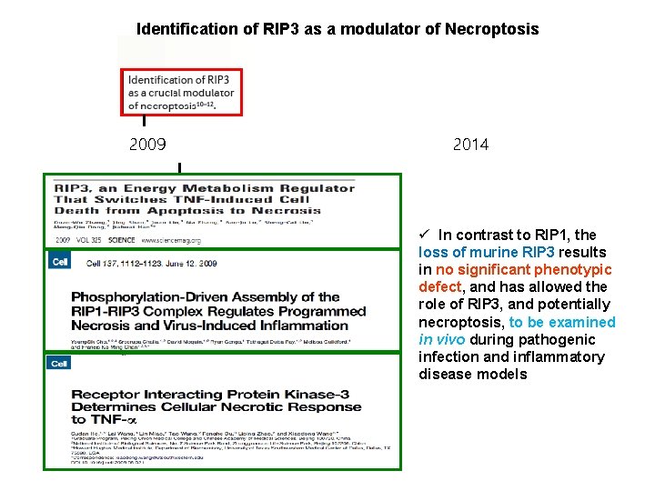 Identification of RIP 3 as a modulator of Necroptosis 2009 2014 ü In contrast