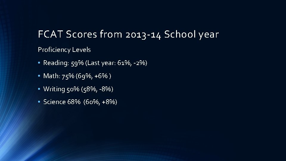 FCAT Scores from 2013 -14 School year Proficiency Levels • Reading: 59% (Last year: