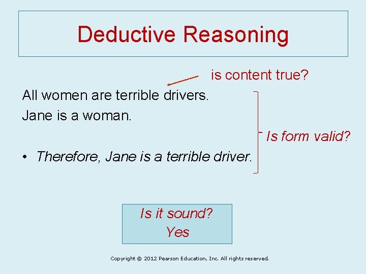 Deductive Reasoning is content true? All women are terrible drivers. Jane is a woman.