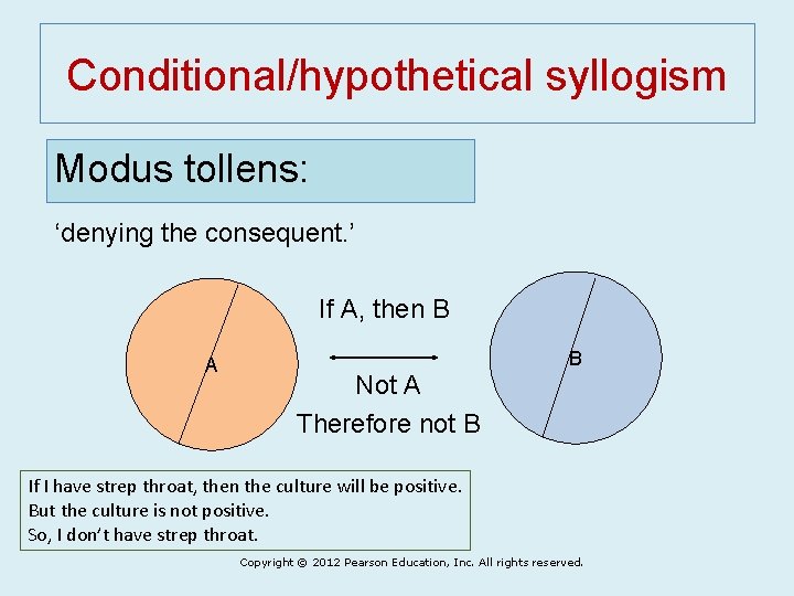 Conditional/hypothetical syllogism Modus tollens: ‘denying the consequent. ’ If A, then B A B